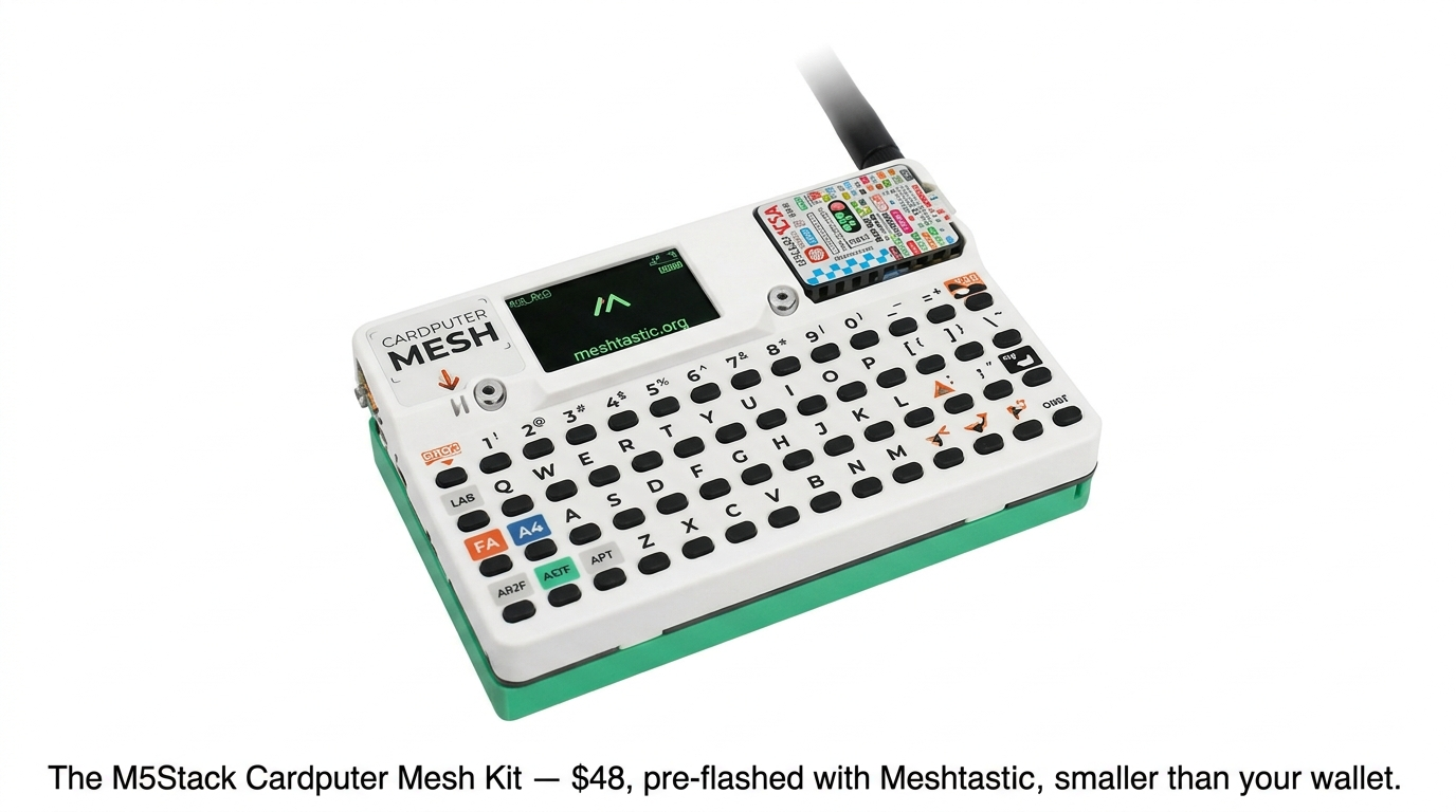 M5Stack Cardputer Mesh Kit — pre-flashed with Meshtastic firmware, featuring a 56-key keyboard, 1.14-inch display, and CapLoRa-1262 LoRa/GNSS module