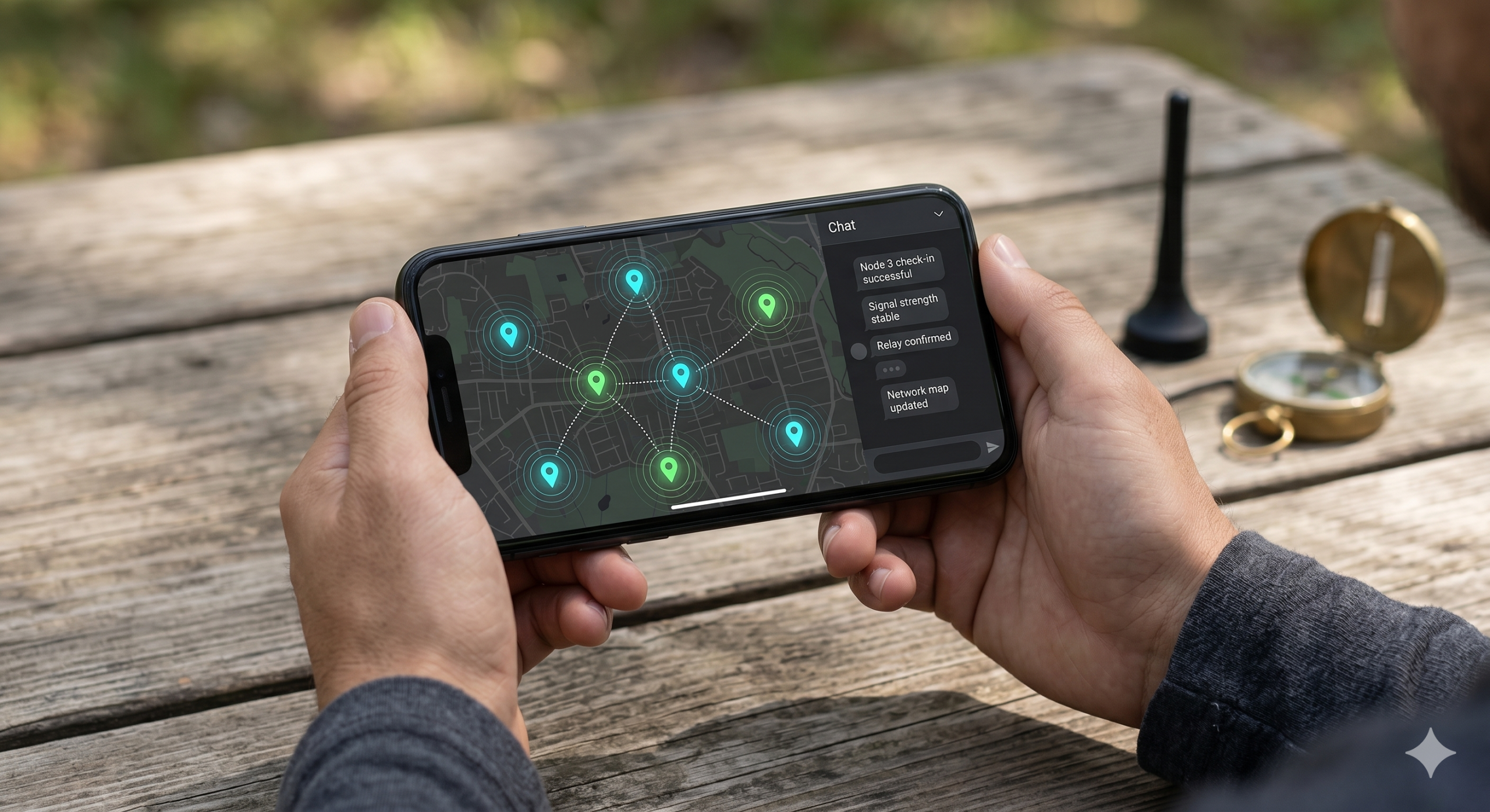 Meshtastic app showing live node positions on a map with multiple active mesh network pins — no cell service required