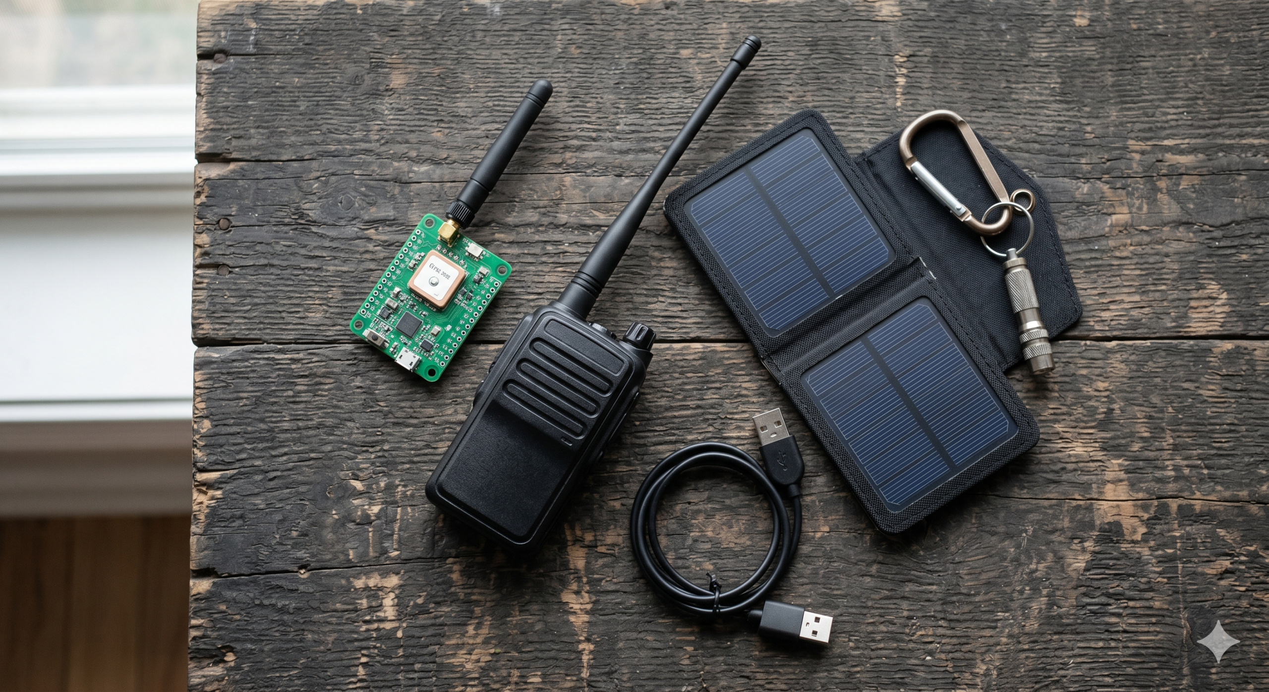 Meshtastic LoRa node sitting alongside a BaoFeng handheld radio and off-grid solar gear — everyday off-grid communication kit